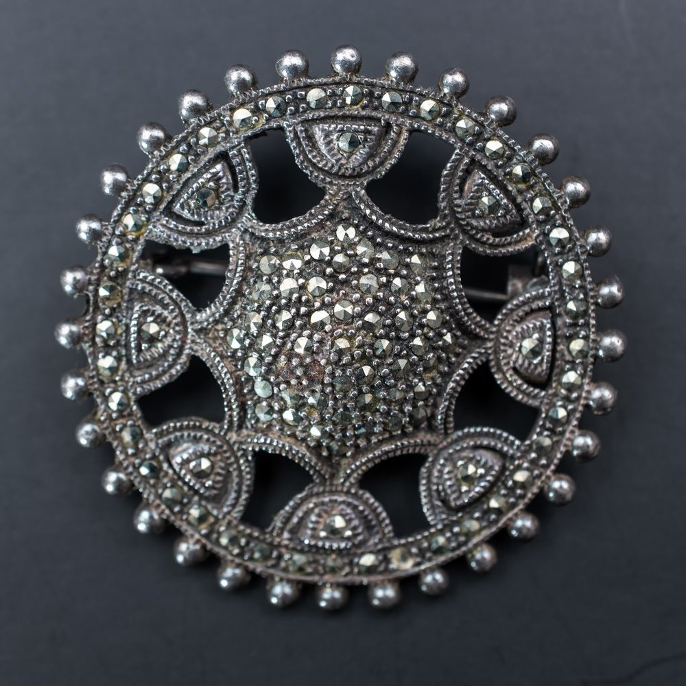 Large marcasite brooch silver, old steering wheel pin